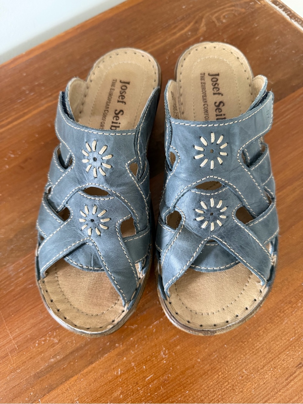 Josef Seibel Slate Blue Leather Cutout Sandals